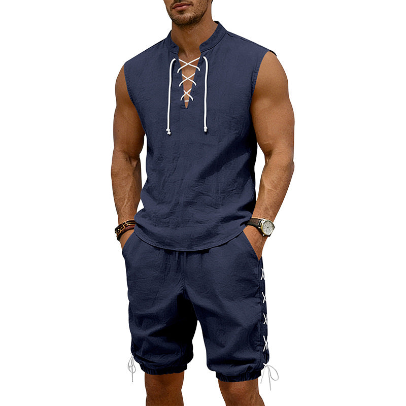 Men's sleeveless leisure set with lace collar and drawstring Bermuda Mune Fashion