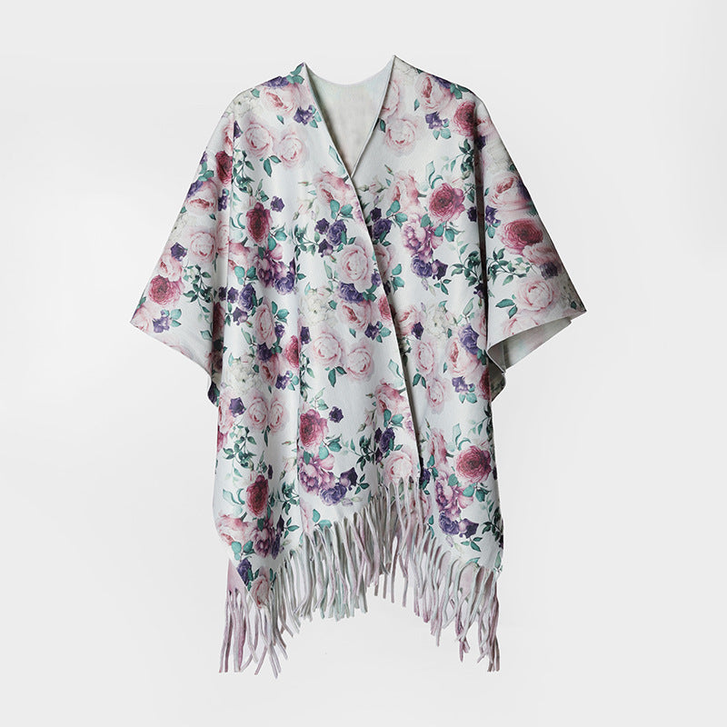 Women Flower Kimono Overshirt with Silk-like Drape and Fringed Hem Mune Fashion
