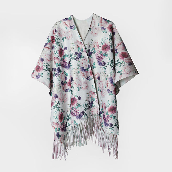 Women Flower Kimono Overshirt with Silk-like Drape and Fringed Hem Mune Fashion