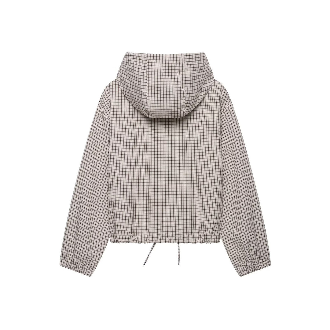 Women's Checkered Cropped Jacket with Hood, Drawstring and Zipper