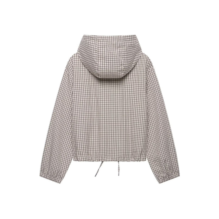 Women's Checkered Cropped Jacket with Hood, Drawstring and Zipper