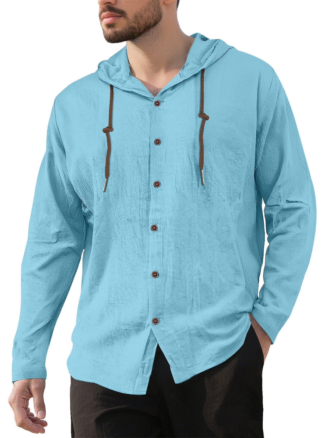 Men's textured linen blend hooded shirt with button placket, wood buttons, and side slits Mune Fashion