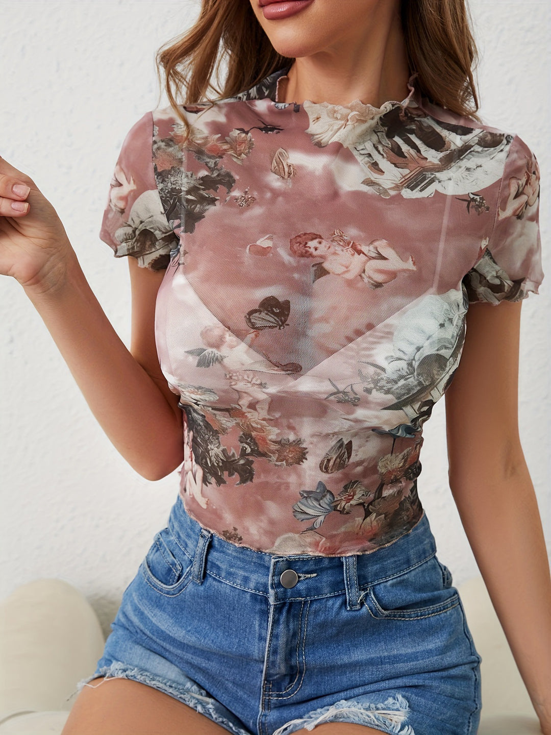 Women nan figure-hugging transparent mesh top with baroque angel print, stand collar and ruffled hem Mune Fashion