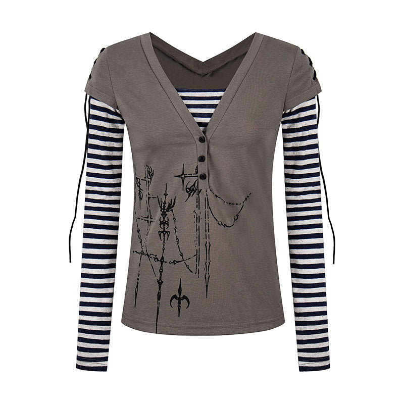 Women's Layered Long Sleeve Shirt with V-Neck, Striped Inner Layer and Lacing Detail Mune Fashion
