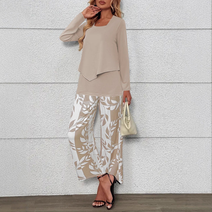 Ladies Two-Piece Lounge Set with Overlapping Long Sleeve and Wide Palazzo Pants Mune Fashion