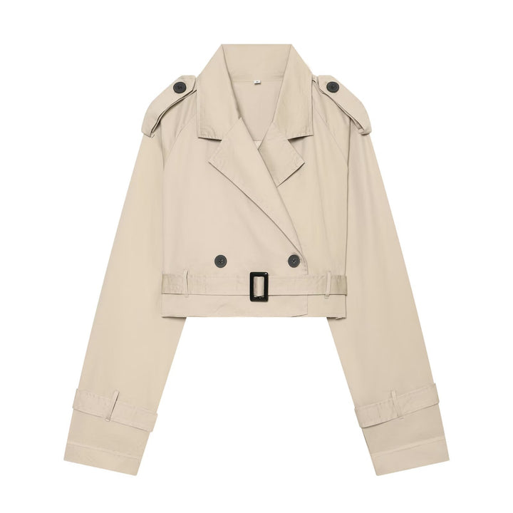 Women's short blouson trench coat with double-breasted button placket, shoulder epaulets, and waist belt Mune Fashion