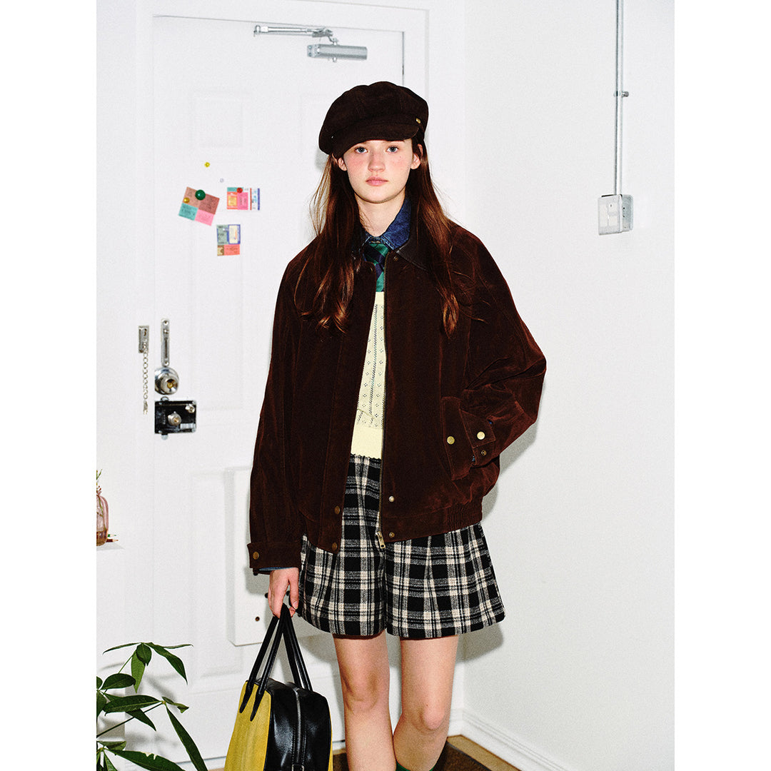 Men's Boxy Suede Leather Blouson with Contrasting Leather Collar and Snap Flap Pockets Mune Fashion