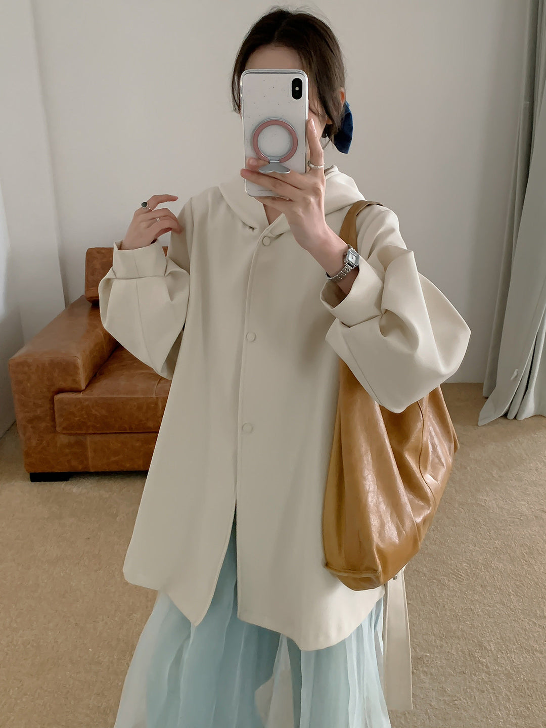 Women's Oversize Midi Coat with Hood, Concealed Button Placket and Voluminous Sleeves Mune Fashion