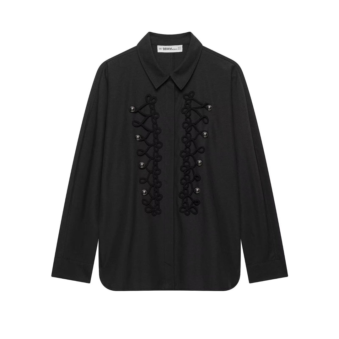 Women's shirt blouse with ornamental frog decoration and concealed button placket Mune Fashion