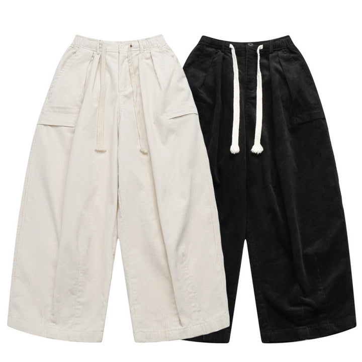 Women Wide High-Waisted Cord Pants in Culotte Cut with Drawstring and Patch Pockets Mune Fashion