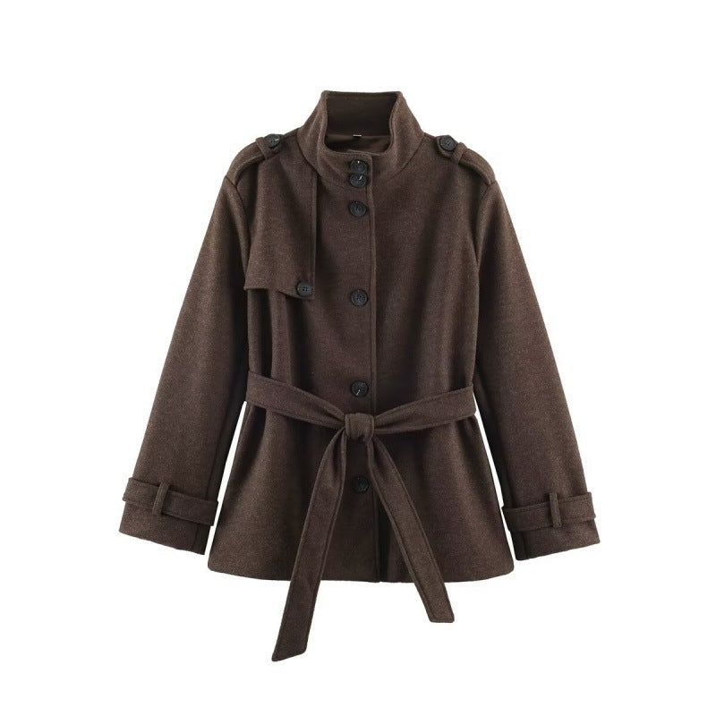 Women Short fitted coat with stand-up collar, shoulder straps and tie belt Mune Fashion