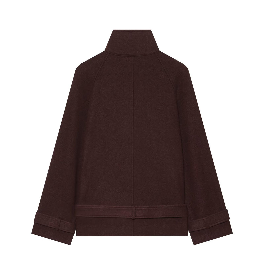 Women Short Cut Double-Breasted Wool Cape Coat with Stand-Up Collar and Belt Drune