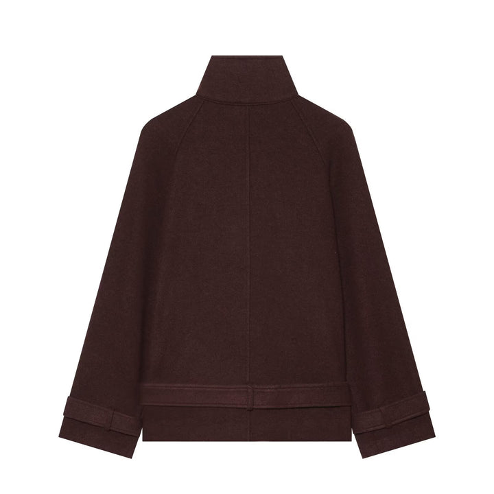 Women Short Cut Double-Breasted Wool Cape Coat with Stand-Up Collar and Belt Drune