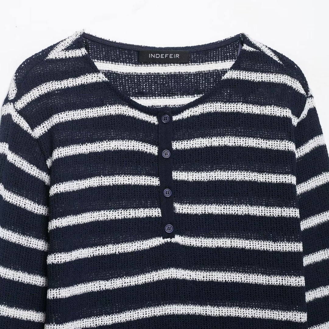 Women's striped sweater with button placket and lightweight textured knit Mune Fashion
