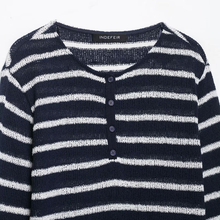 Women's striped sweater with button placket and lightweight textured knit Mune Fashion