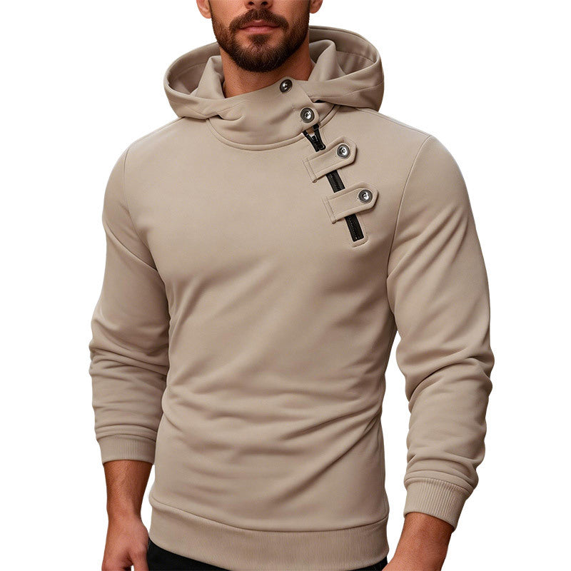 Men's fitted hoodie with high collar, decorative tabs and concealed diagonal zipper Mune Fashion
