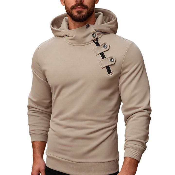 Men's fitted hoodie with high collar, decorative tabs and concealed diagonal zipper Mune Fashion
