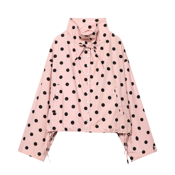 Women's Polka Dot Cropped Blouson Jacket with High Stand Collar, Drawstring and Button Placket Mune Fashion