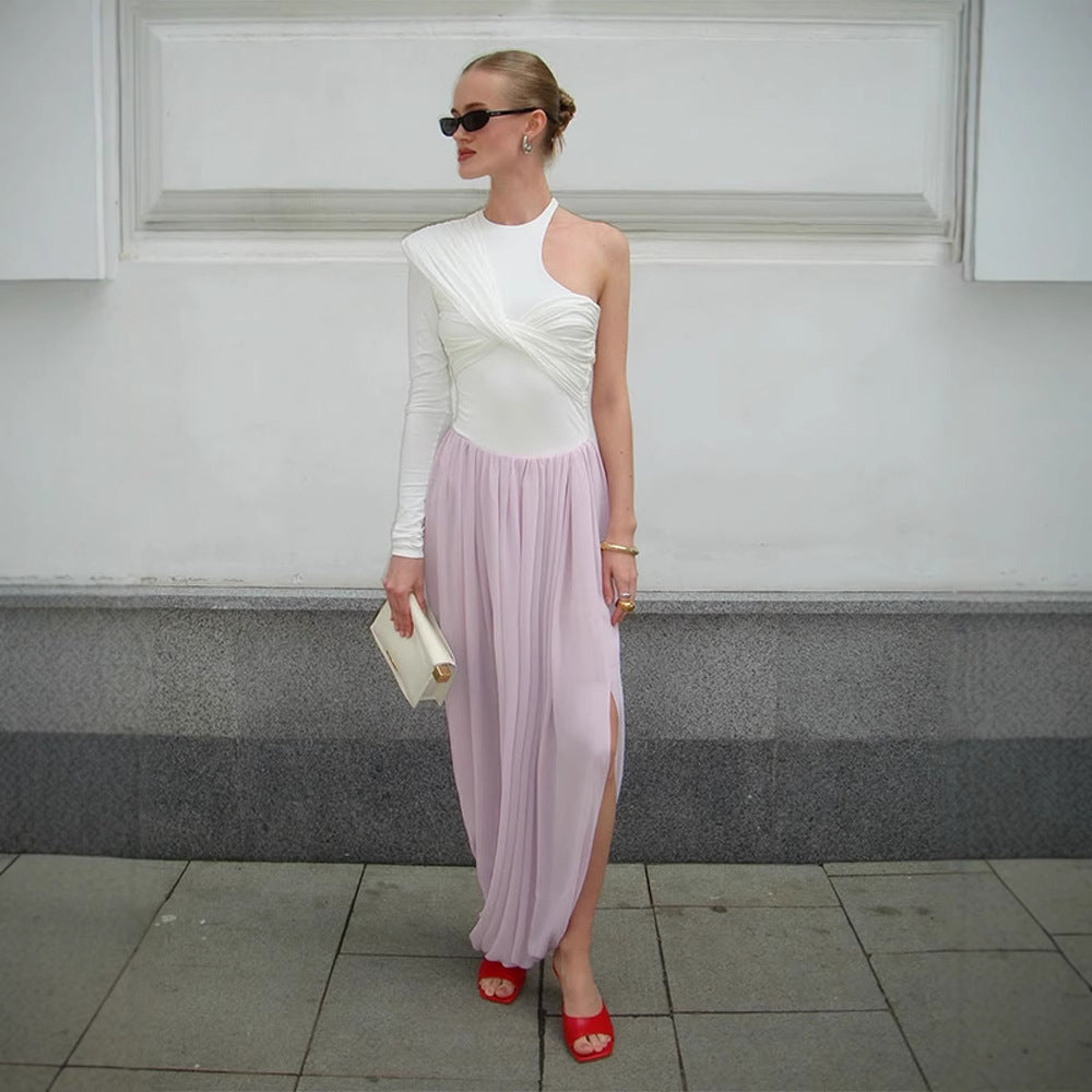Women Asymmetric One-Shoulder Maxi Dress with Draped Top, Long Pleated Skirt and Leg Slit Mune Fashion