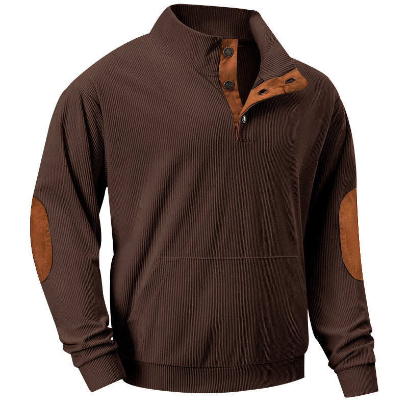 Men's knitted stand-up collar sweatshirt with button placket, kangaroo pocket and velvet elbow patches Mune Fashion