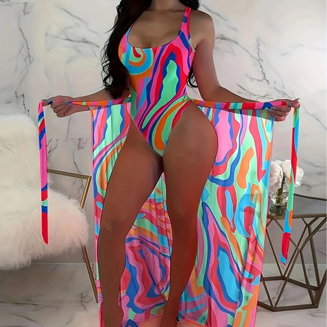 Ladies High-Cut Sport Swimsuit with Matching Wrap Skirt Mune Fashion
