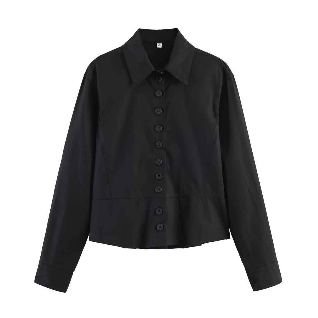 Women cropped blouse jacket with continuous button placket and shirt collar Mune Fashion