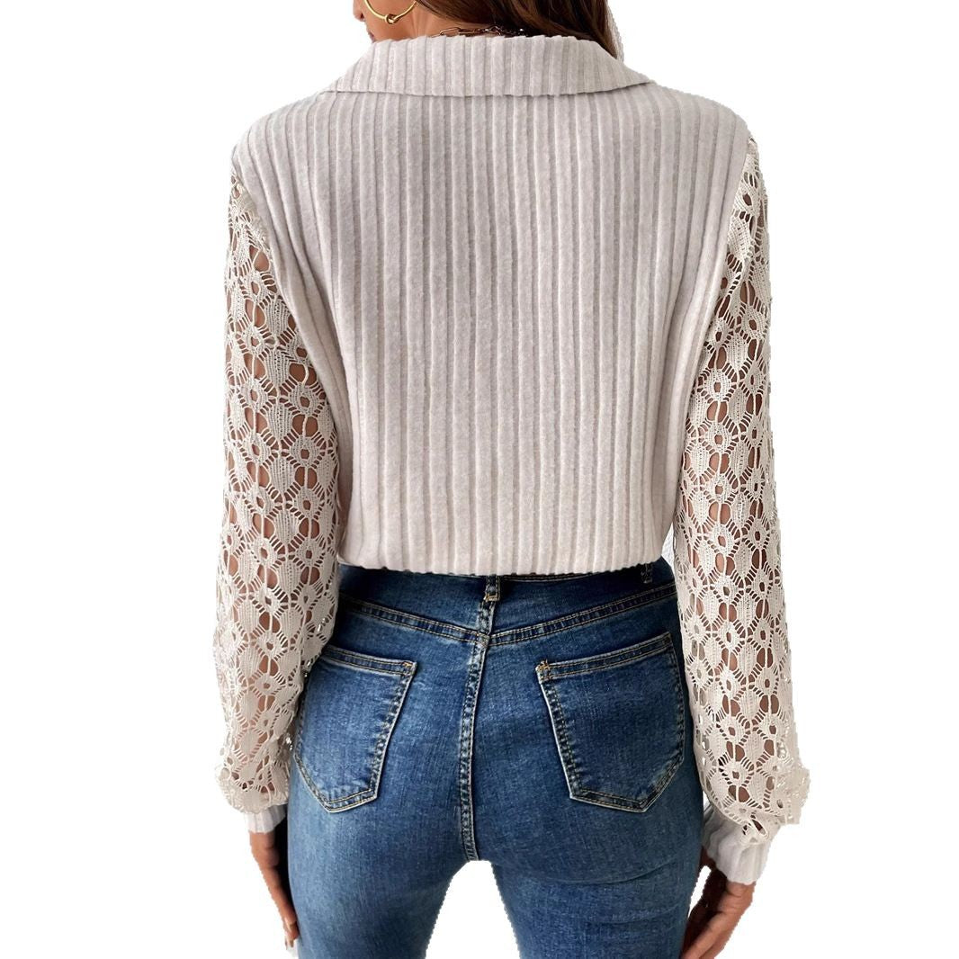 Women's ribbed fine knit polo with crochet sleeves and V-neck Mune Fashion