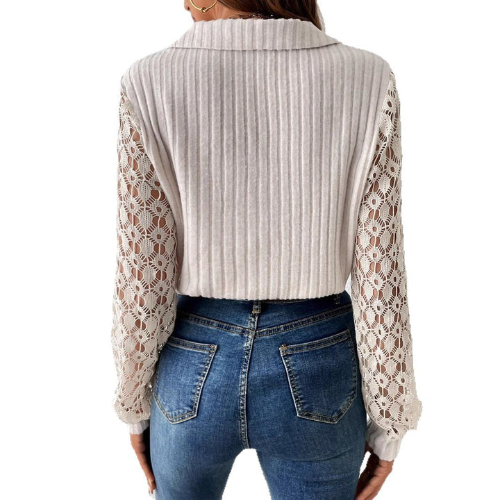 Women's ribbed fine knit polo with crochet sleeves and V-neck Mune Fashion