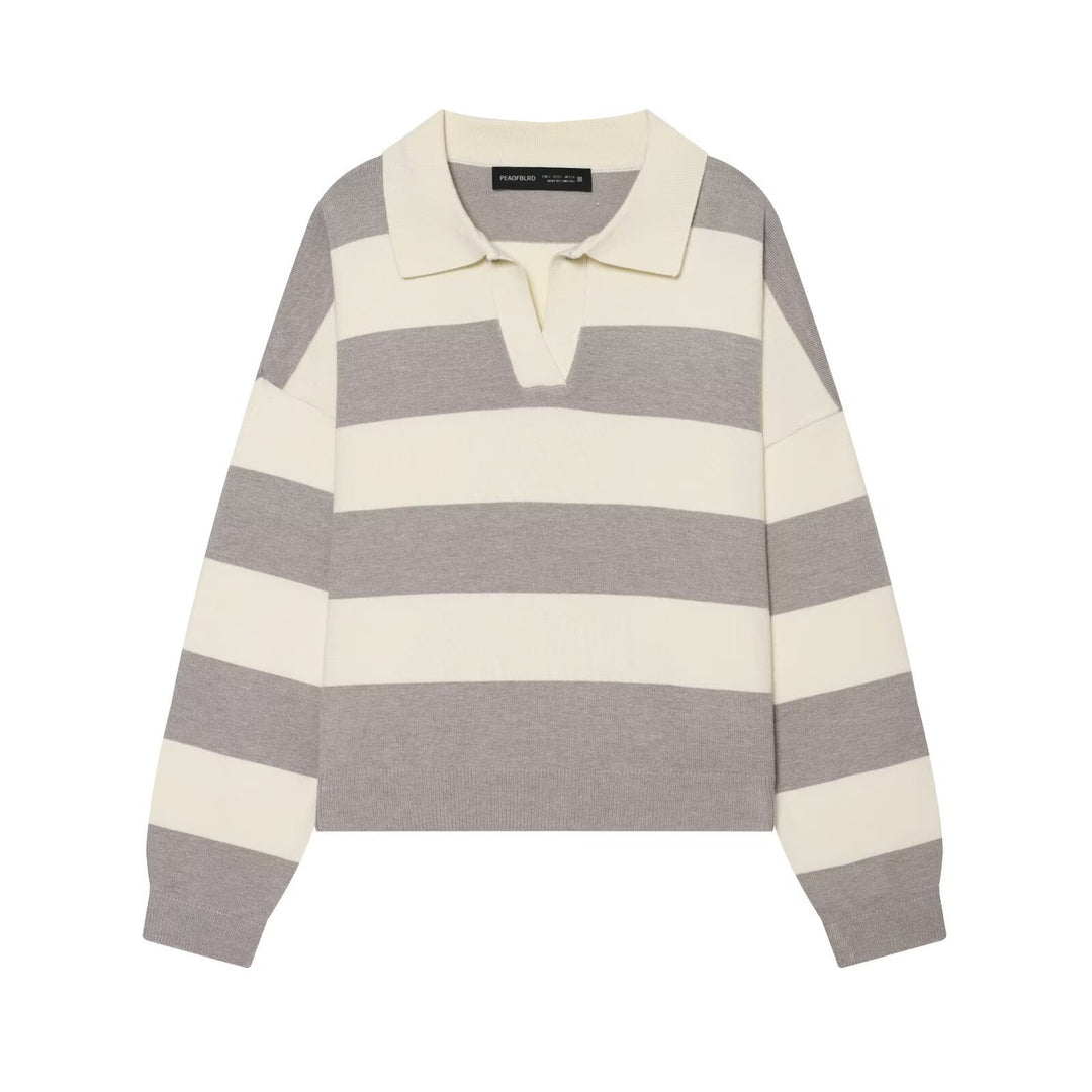 Women Oversized Rugby Sweater with Polo Collar and Wide Block Stripes Mune Fashion