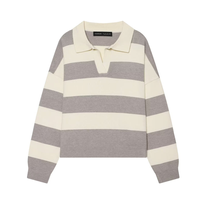 Women Oversized Rugby Sweater with Polo Collar and Wide Block Stripes Mune Fashion