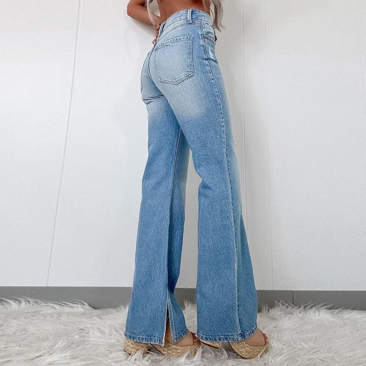 Women high-waisted flared jeans in denim with front slit and wide leg Mune Fashion