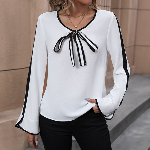 Women Elegant Chiffon Blouse with Contrast Piping, Bow Tie Mune Fashion and Trumpet Sleeves Mune Fashion