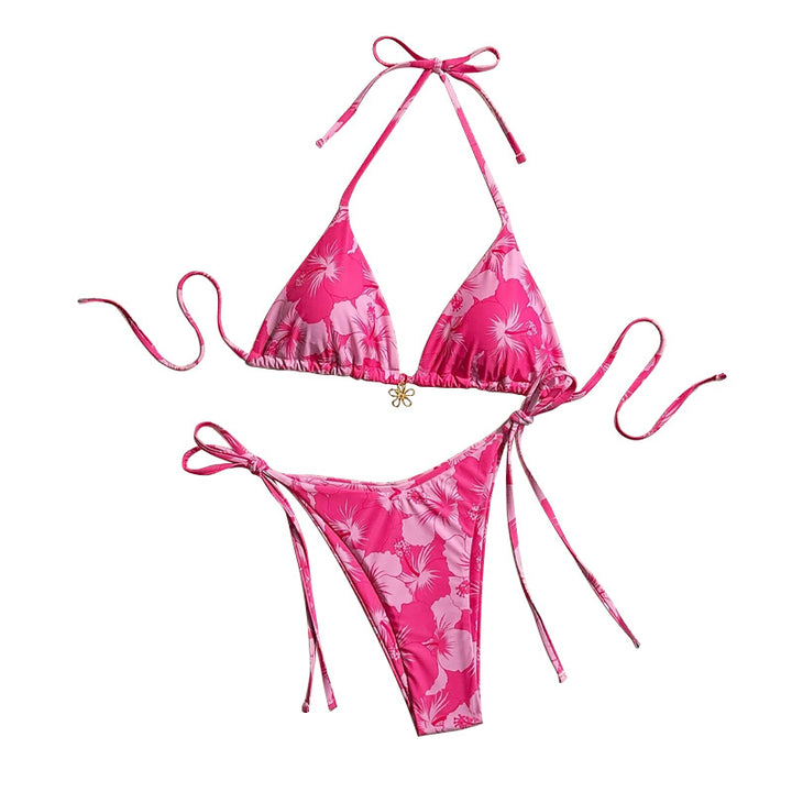 Women's Triangle Bikini with Floral Patterns and Fine Ties Mune Fashion