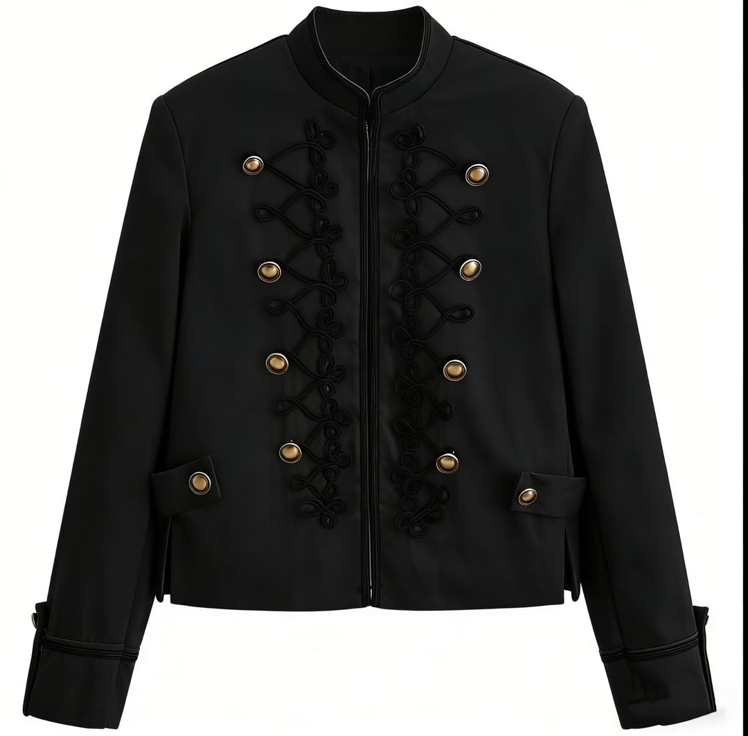 Women Military-Inspired Short Jacket with Stand Collar, Decorative Cords and Gold Buttons Mune Fashion