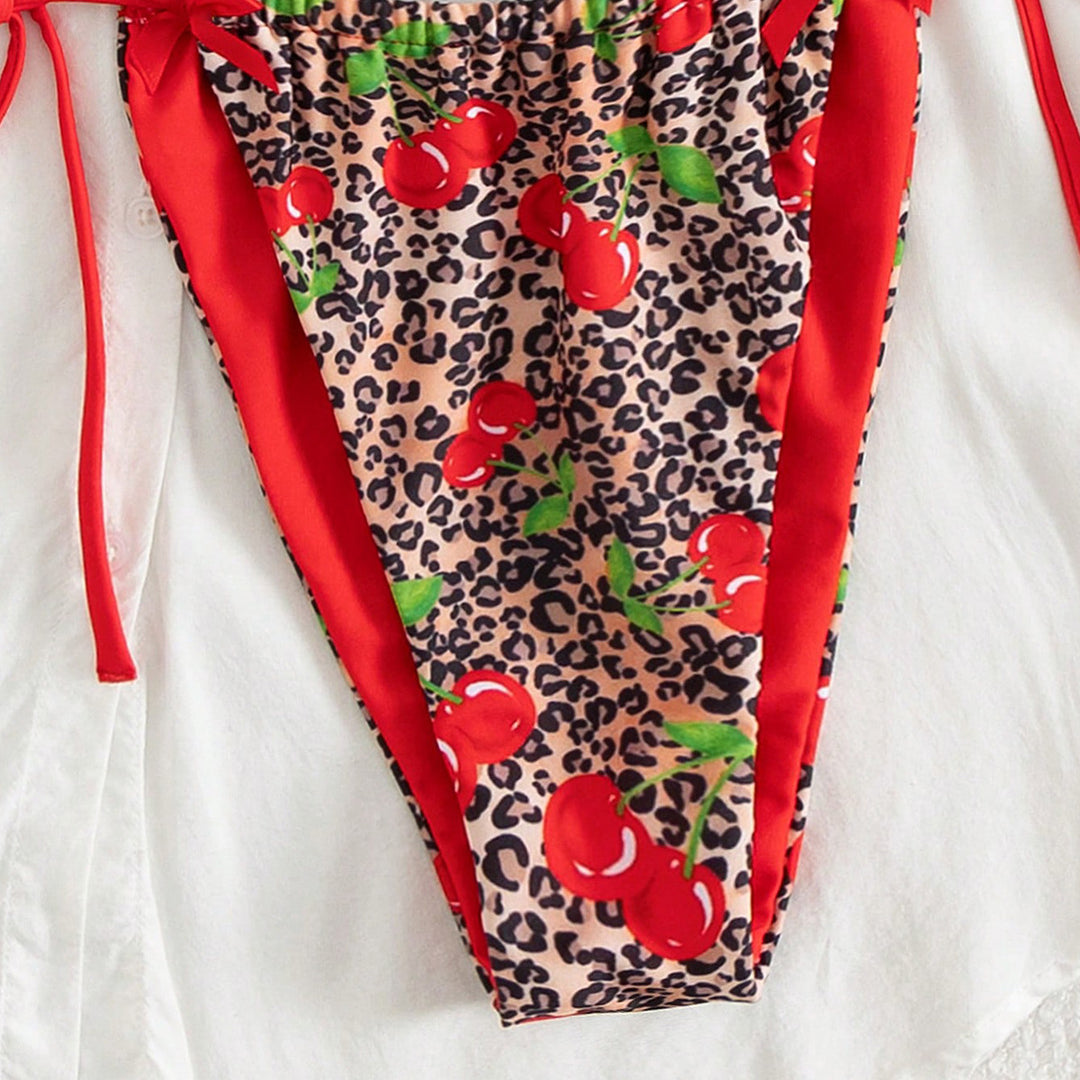Women Triangle Bikini with Floral Cherry Pattern and Playful Details Mune Fashion
