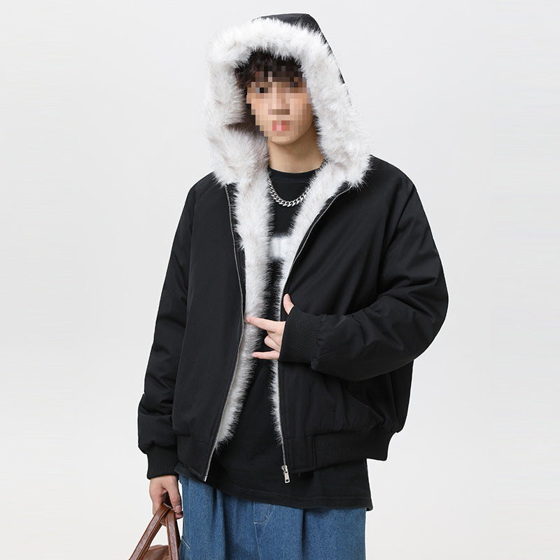 Men's quilted hooded bomber jacket in oversized look with contrasting faux fur lining Mune Fashion