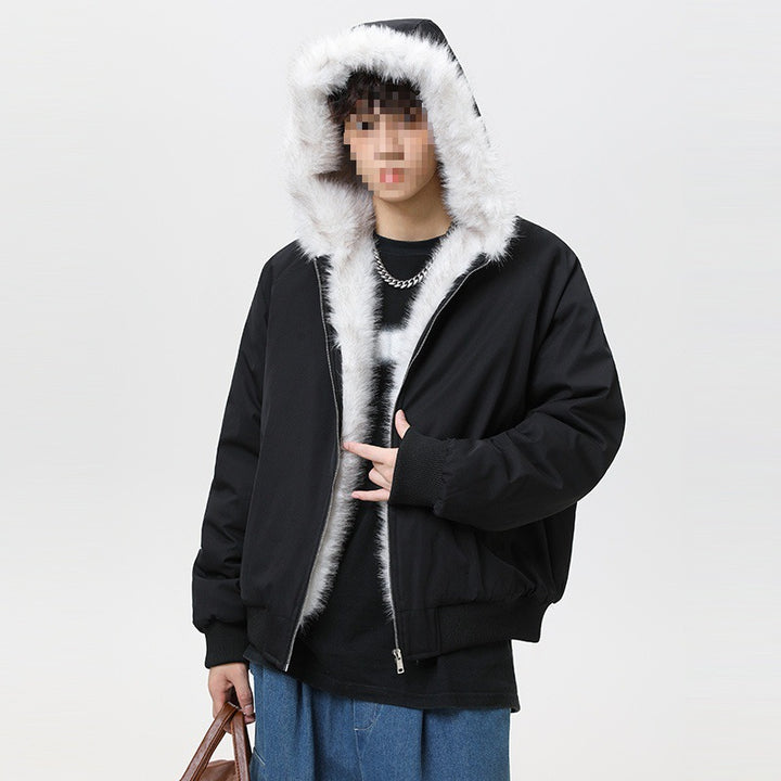 Men's quilted hooded bomber jacket in oversized look with contrasting faux fur lining Mune Fashion