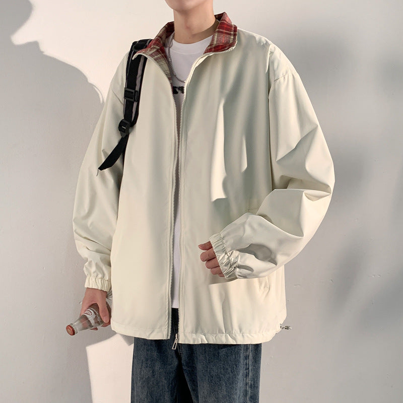 Men's Oversize Utility Transition Jacket with Zipper and Contrasting Checkered Inner Collar Mune Fashion
