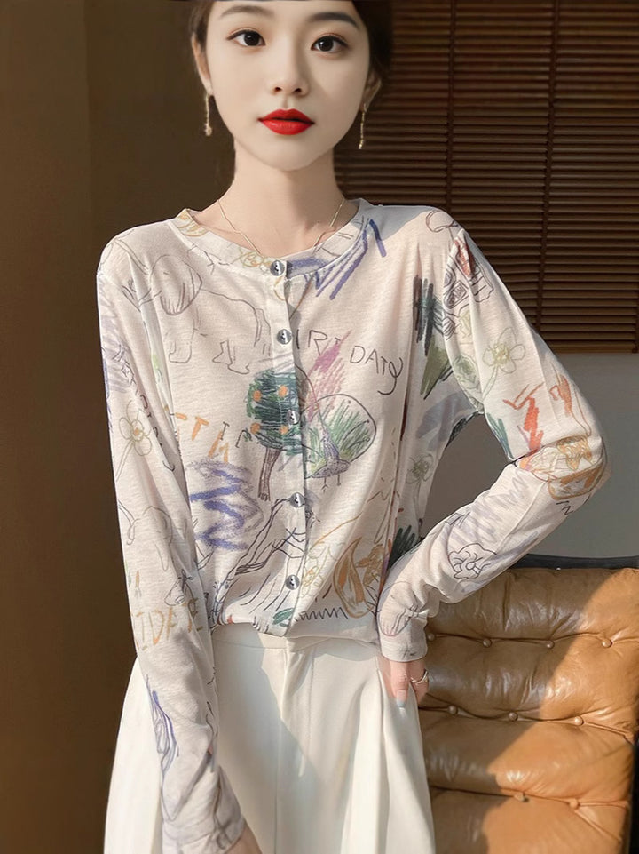 Ladies Lightweight Watercolor Print Fine Knit Cardigan with Round Neck and Button Placket Mune Fashion