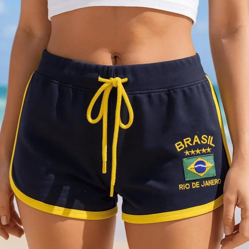 Women's beach and leisure sweat shorts with embroidered Brazil fan patch, elastic comfort waistband and drawstring Mune Fashion