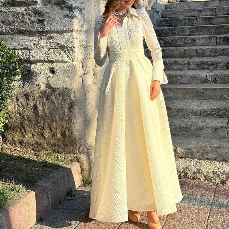 Women Elegant Maxi Dress with Lace Sleeves and Waist Belt Mune