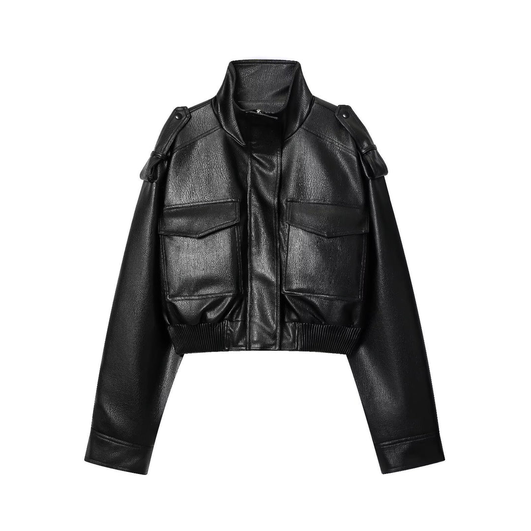 Women's short cut blouson jacket made of vegan leather with shoulder flaps and flap pockets Mune Fashion