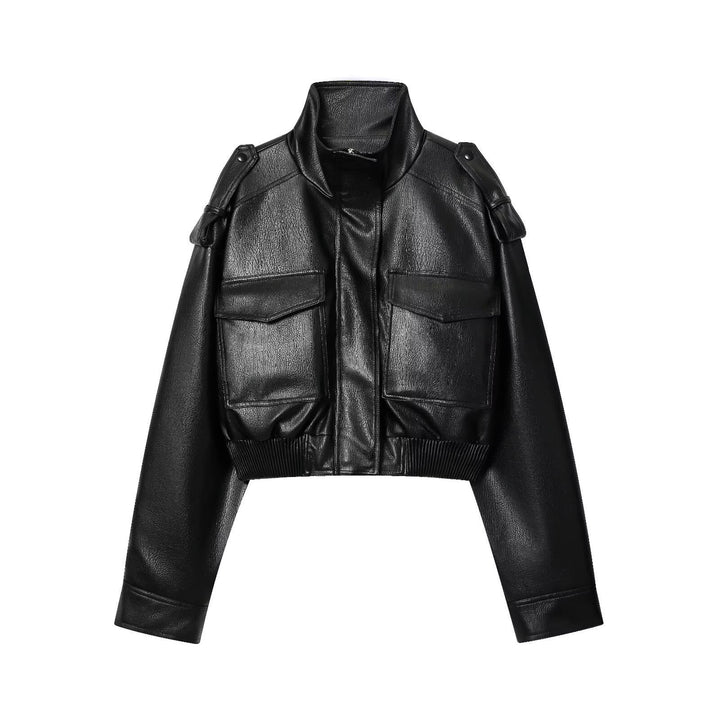 Women's short cut blouson jacket made of vegan leather with shoulder flaps and flap pockets Mune Fashion