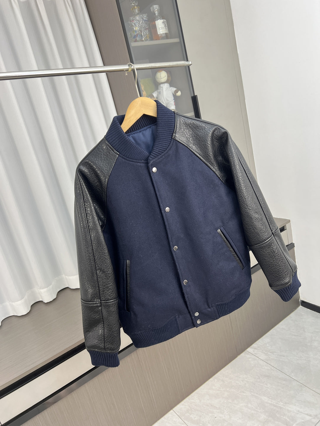 Men's College Bomber Jacket with Wool Blend Body and Structured Leather Look Sleeves Mune Fashion