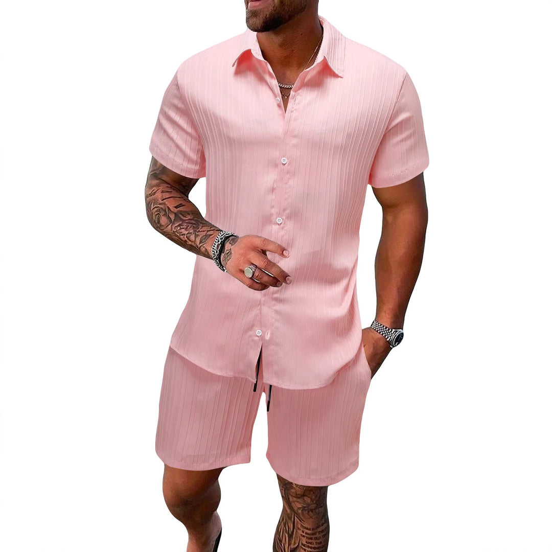 Men's lightweight short-sleeve shirt with open collar and matching casual shorts made of textured cotton blend Mune Fashion