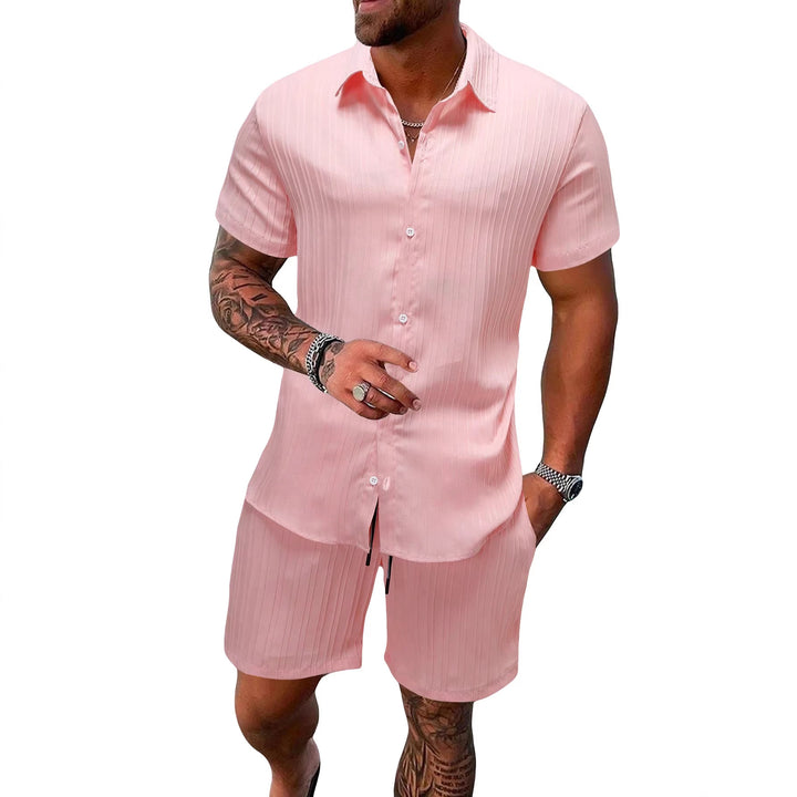 Men's lightweight short-sleeve shirt with open collar and matching casual shorts made of textured cotton blend Mune Fashion