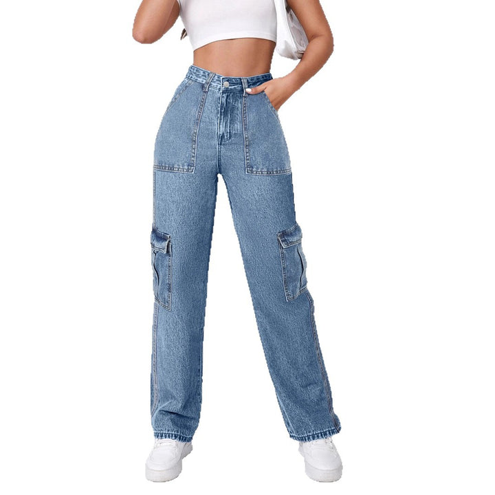 Women High-Waisted Cargo Wide Jeans with Patch Pockets and Elastic Hem Mune Fashion