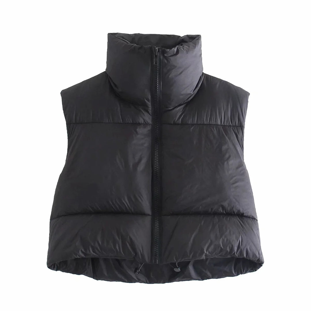 Women short quilted vest with high stand-up collar, lightweight puffer look and adjustable hem Mune Fashion
