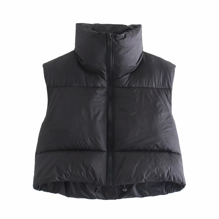 Women short quilted vest with high stand-up collar, lightweight puffer look and adjustable hem Mune Fashion