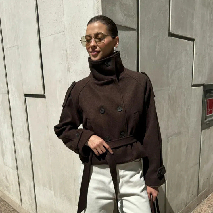 Ladies short cut wool blend jacket with high stand-up collar and waist belt Mune Fashion
